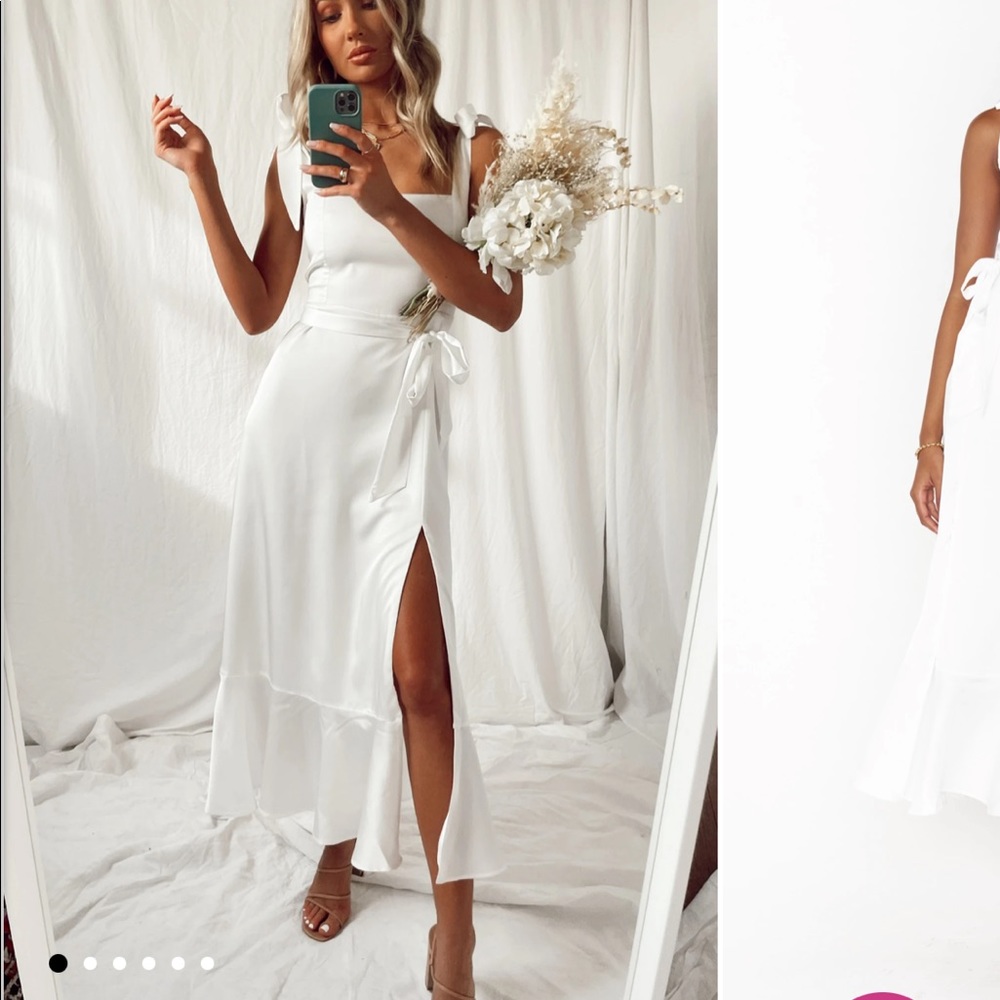 Show Me Your Mumu Garden Midi Dress in Ivory Luxe Satin